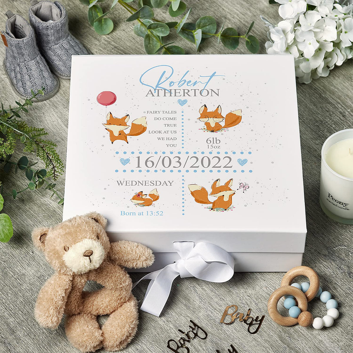 Personalised Baby Boy Memory Box Gift With Ribbon Cute Foxes and Birth Details