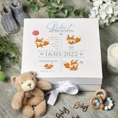 Personalised Baby Boy Memory Box Gift With Ribbon Cute Foxes and Birth Details