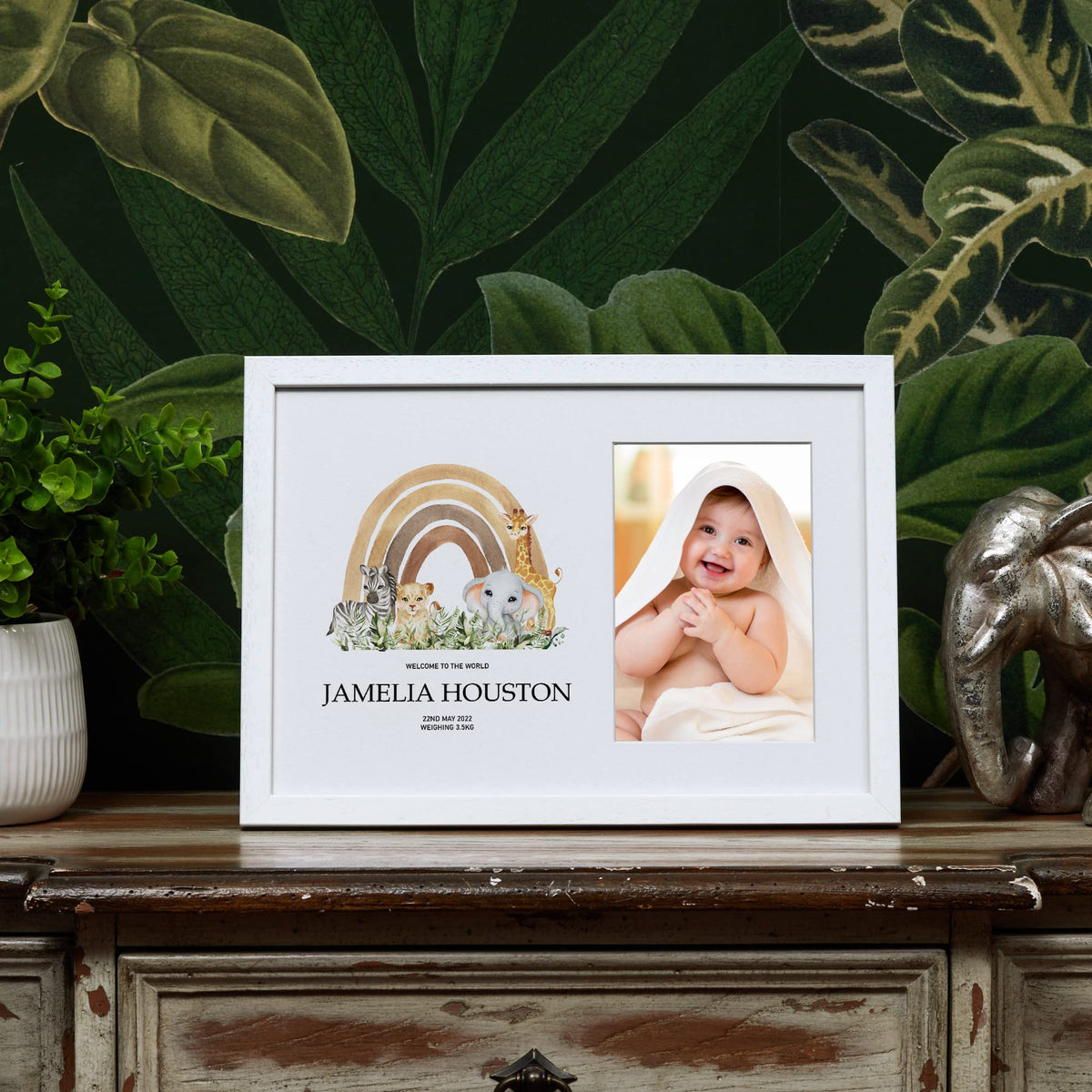 Personalised New Baby Photo Keepsake Frame With Jungle Sari