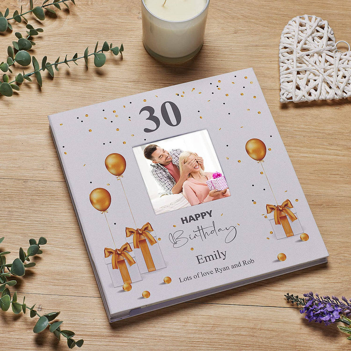 Personalised 30th Birthday Photo Album Linen Cover With Gold Balloons