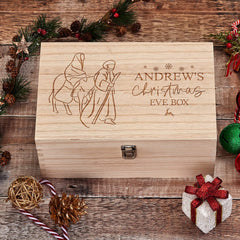 Personalised Large Wooden Christmas Eve Box With Mary & Joseph