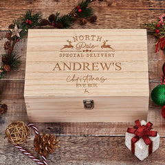 Personalised Large Wooden Christmas Eve Box With North Pole Reindeers