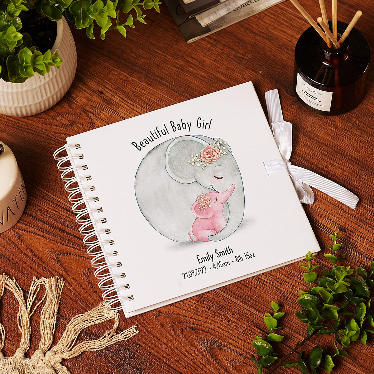 Personalised Beautiful Baby Girl Memory Scrapbook Album With Elephants