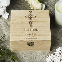 Personalised Baptism Keepsake Box With Floral Cross Design