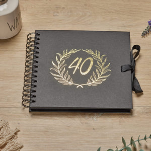 40th Birthday Black Scrapbook Photo album With Gold Script Laurel Wreath