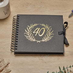40th Birthday Black Scrapbook Photo album With Gold Script Laurel Wreath