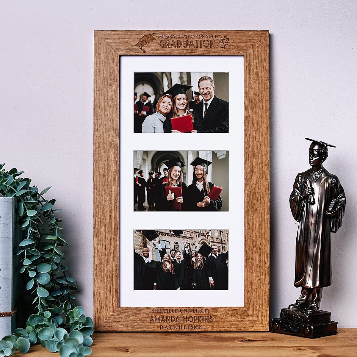Personalised Graduation Stars Keepsake Wooden Triple Photo Frame Engraved