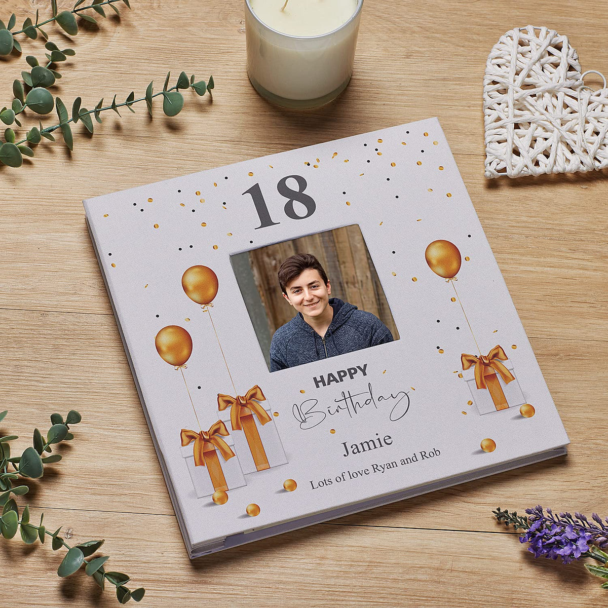 Personalised 18th Birthday Photo Album Linen Cover With Gold Balloons