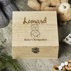 Personalised Baby Keepsake Memory Box Engraved With Teddy Pattern