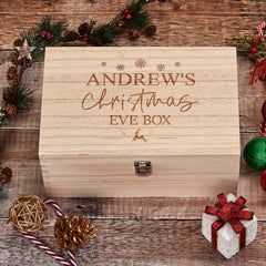 Personalised Large Wooden Christmas Eve Box With Snow Flakes & Reindeers