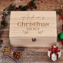 Personalised Large Wooden Christmas Eve Box With Holly Design