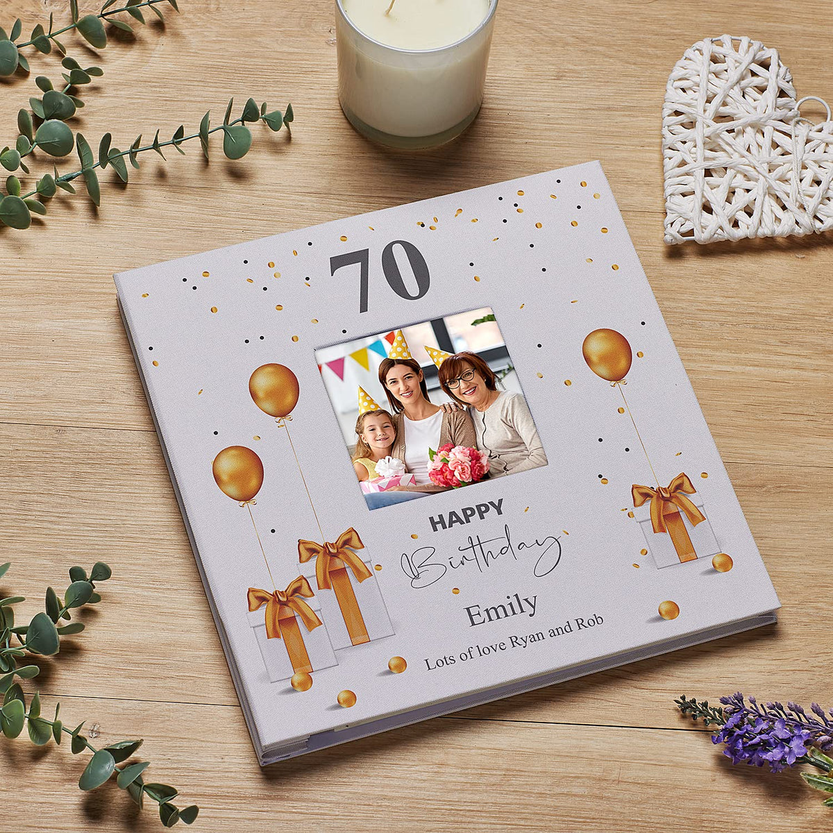 Personalised 70th Birthday Photo Album Linen Cover With Gold Balloons