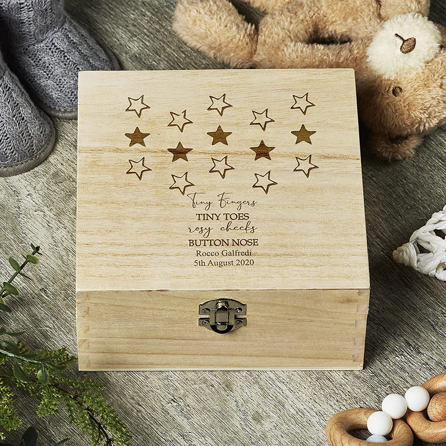 Personalised Baby Wooden Keepsake Box Tiny Fingers Sentiment SHB-131