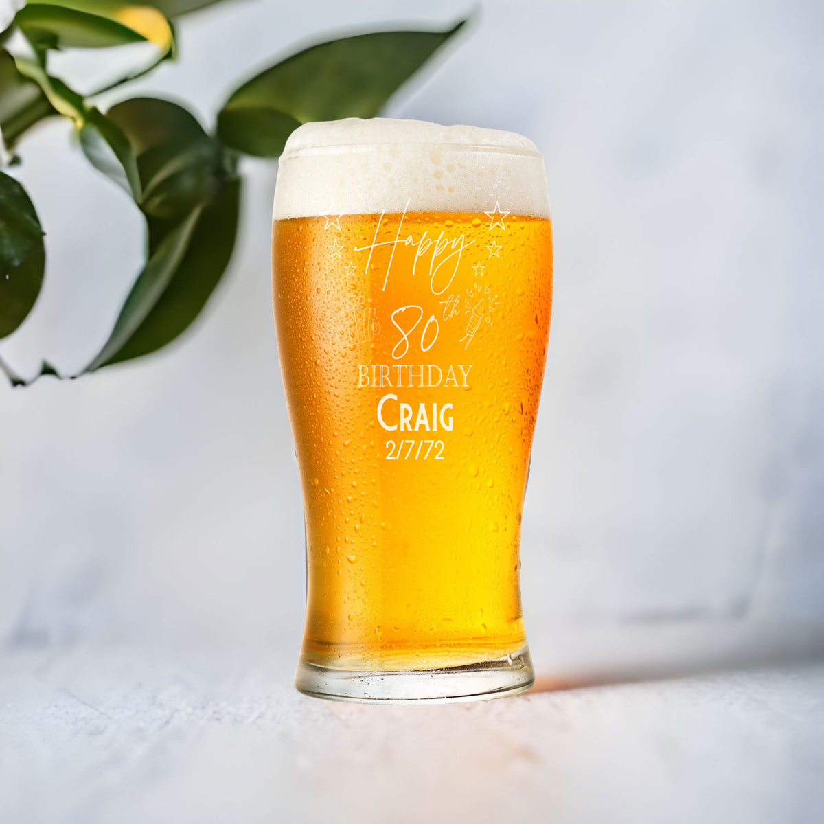 80th Birthday Personalised Beer Glasses Gift for Him with Star Design