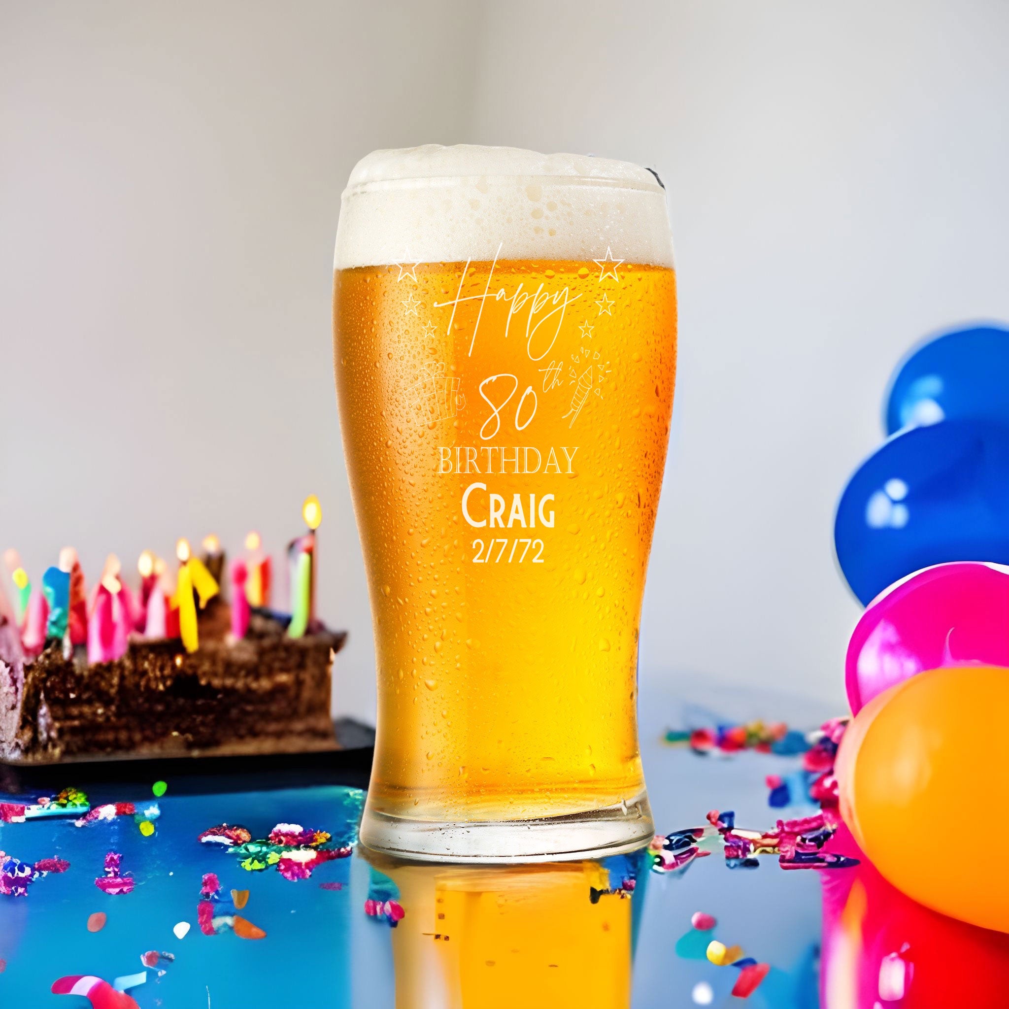 80th Birthday Personalised Beer Glasses Gift for Him with Star Design