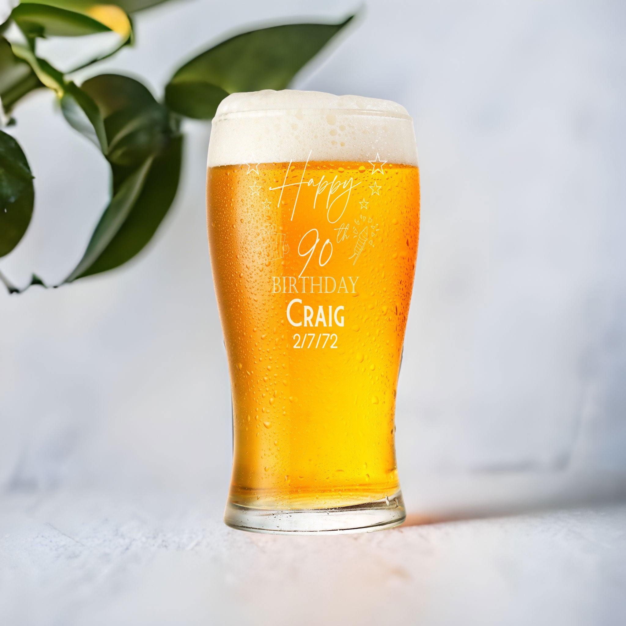 90th Birthday Personalised Beer Glasses Gift for Him with Star Design