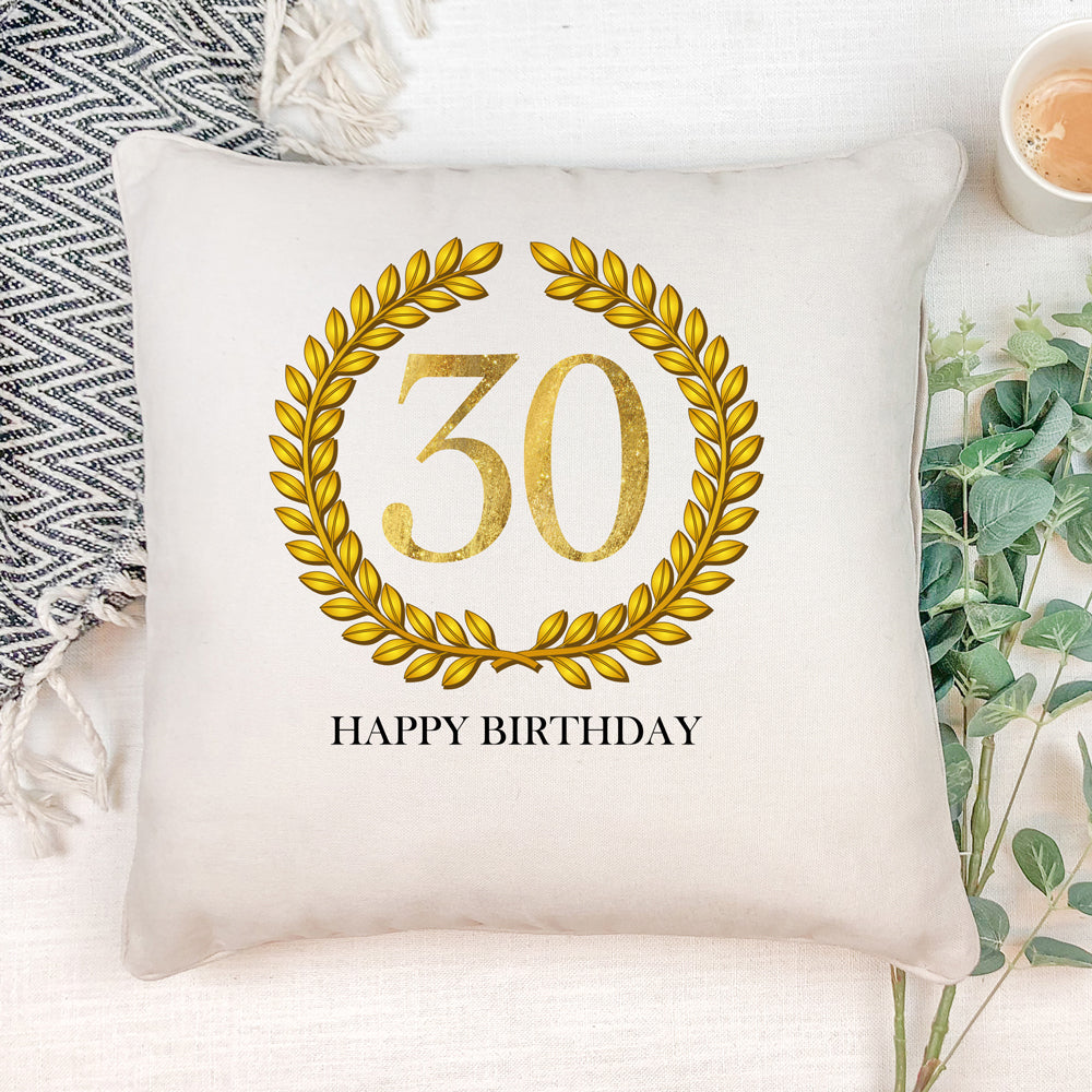Personalised 30th Birthday Gift for Him Cushion Gold Wreath Design