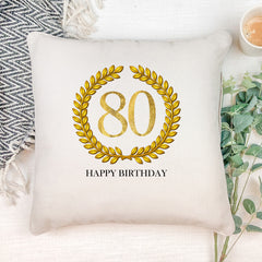 Personalised 80th Birthday Gift for Him Cushion Gold Wreath Design