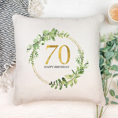 Personalised 70th Birthday Gift for her Cushion Gold Wreath Design
