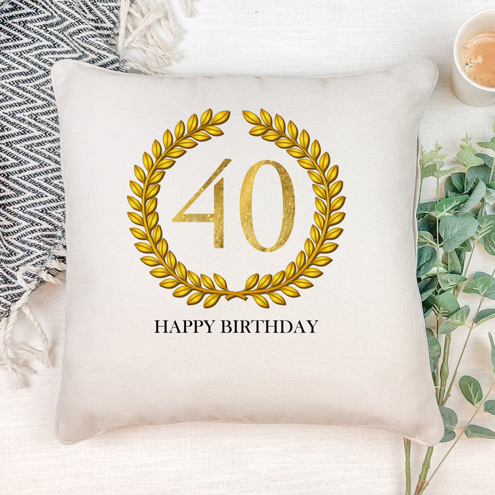 Personalised 40th Birthday Gift for Him Cushion Gold Wreath Design