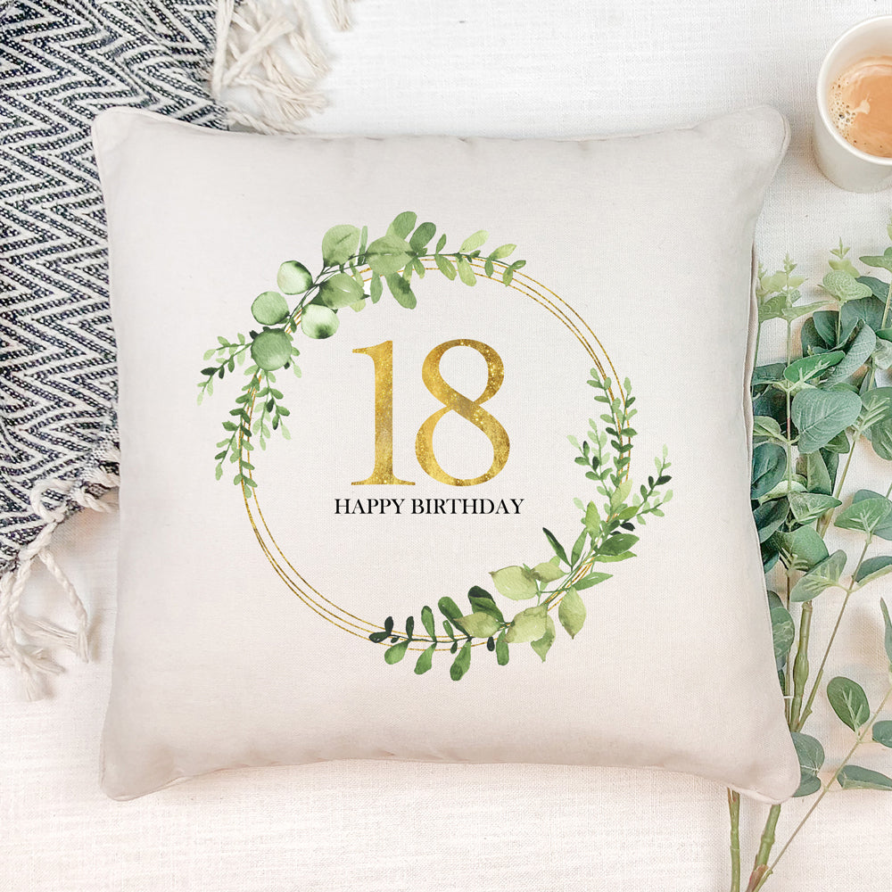 Personalised 18th Birthday Gift for her Cushion Gold Wreath Design