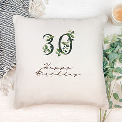 Personalised 30th Birthday Green Leaf Design Cushion Gift