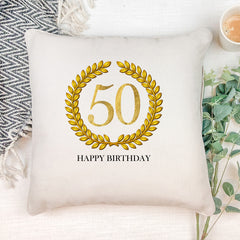 Personalised 50th Birthday Gift for Him Cushion Gold Wreath Design