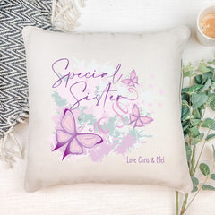 Personalised Special Sister Pink & Purple Butterfly Cushion Gift