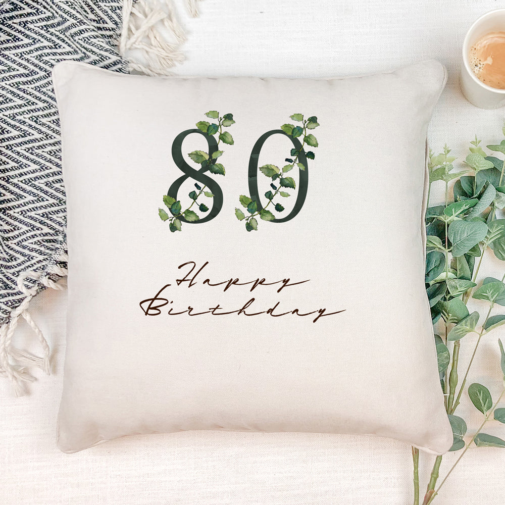 Personalised 80th Birthday Green Leaf Design Cushion Gift