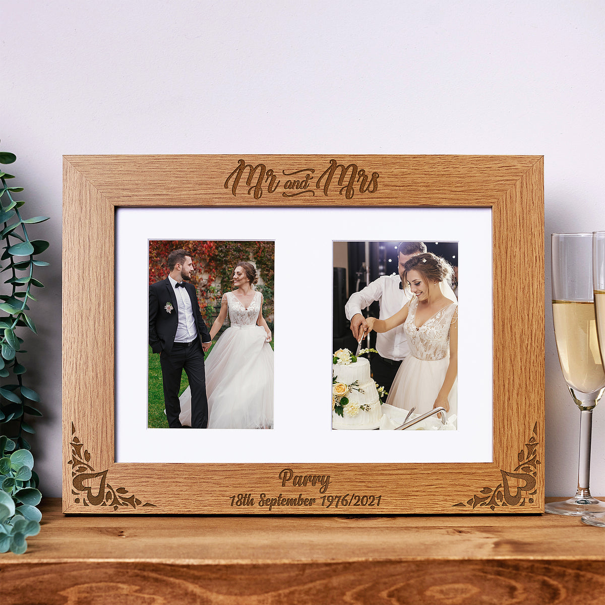Personalised Mr and Mrs Wedding Double Wooden Photo Frame Gift