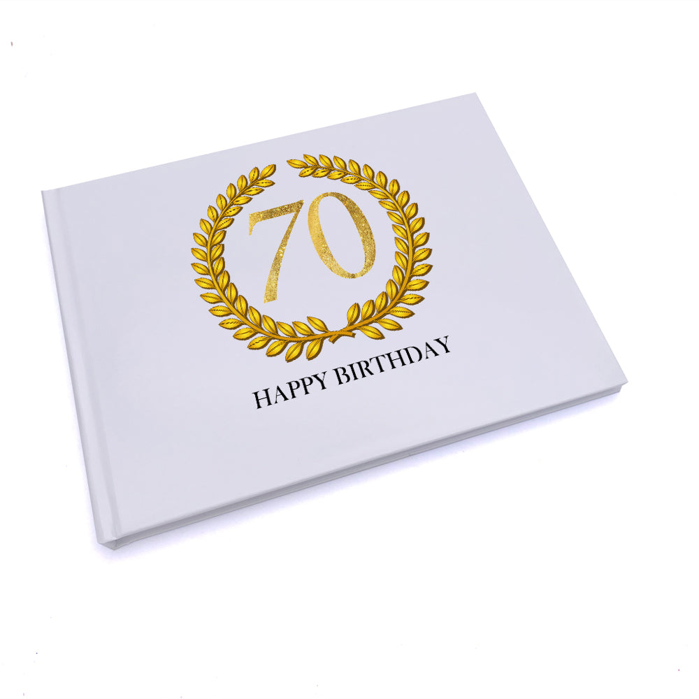 Personalised 70th Birthday Gift for Him Guest Book Gold Wreath Design