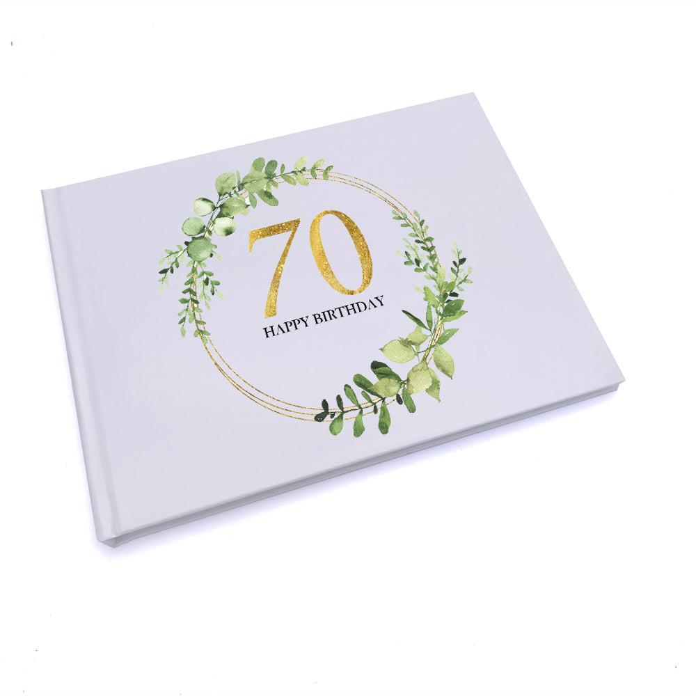 Personalised 70th Birthday Gift for her Guest Book Gold Wreath Design