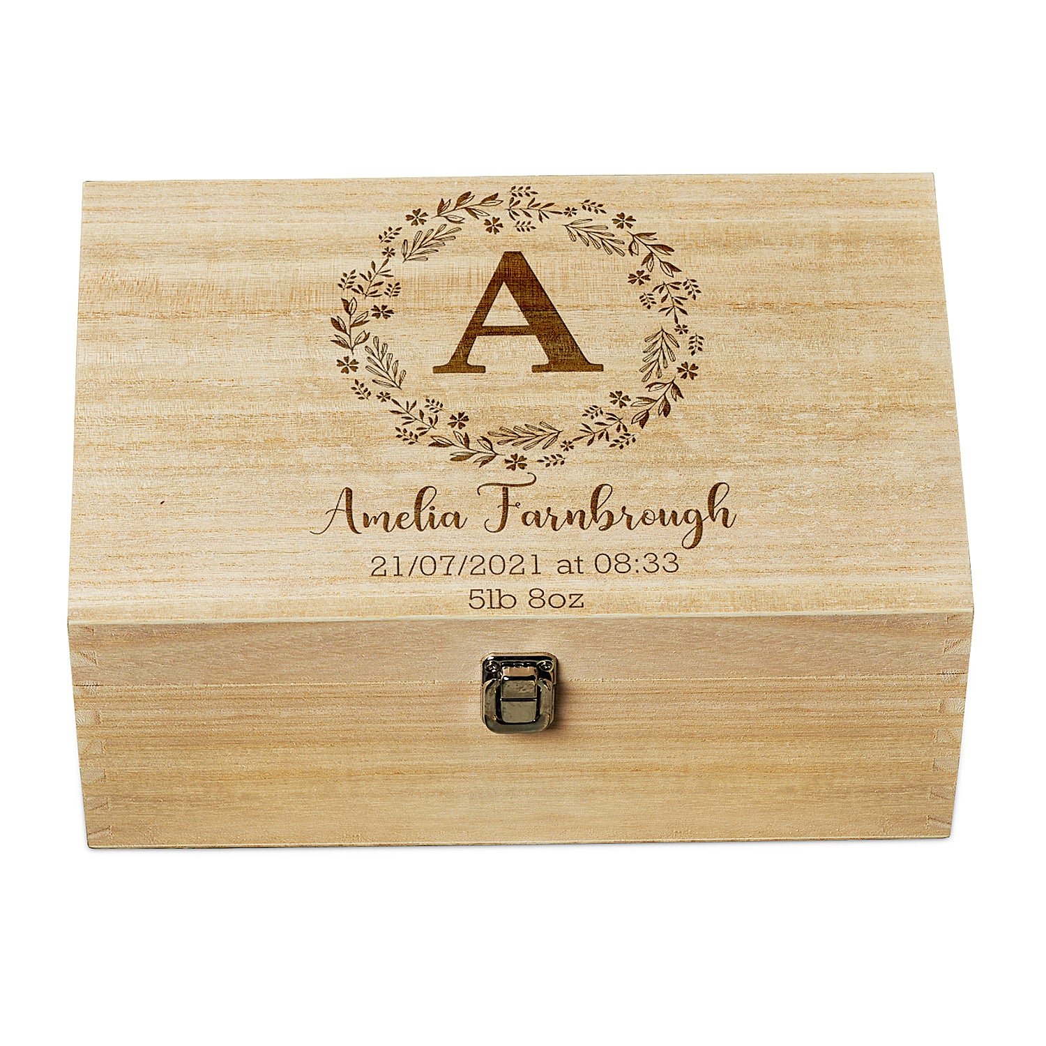 Personalised New Baby wooden Keepsake Box Wreath and Alphabet Design