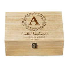 Personalised New Baby wooden Keepsake Box Wreath and Alphabet Design