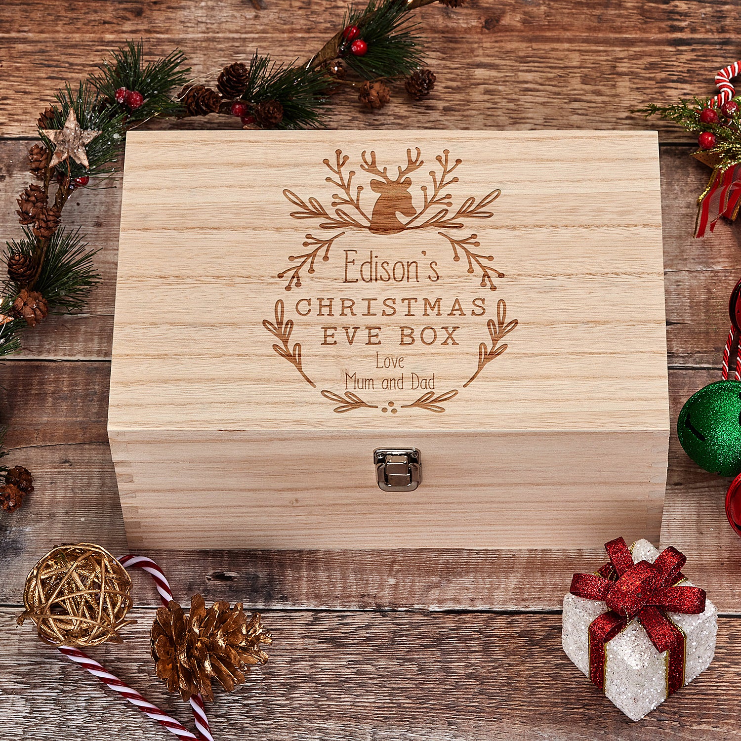 Personalised Christmas Eve Keepsake Gift Box Reindeer Wreath Design