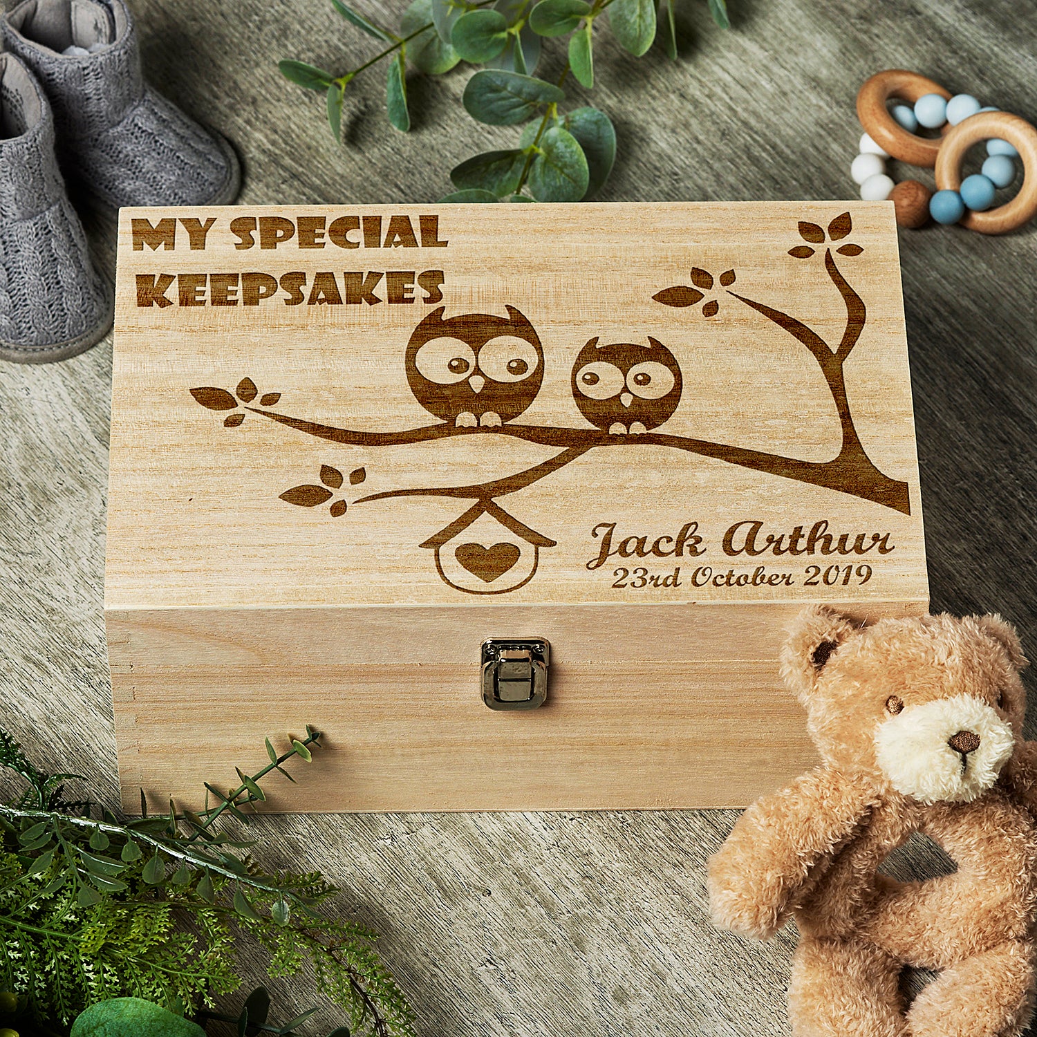 Large Wooden Personalised Owl Design Baby Memories Keepsake Box - ukgiftstoreonline