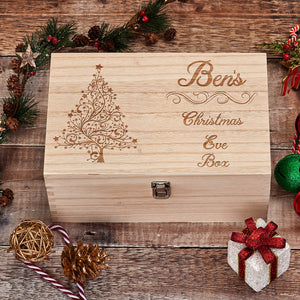 Swirly Tree Design Personalised Wooden Christmas Eve Box