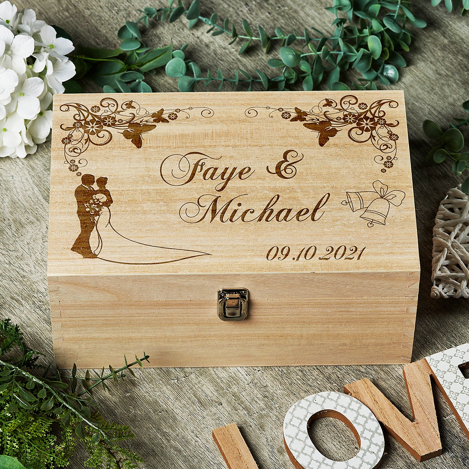 Personalised Large Wedding Floral Design Wooden Memories Keepsake Box - ukgiftstoreonline