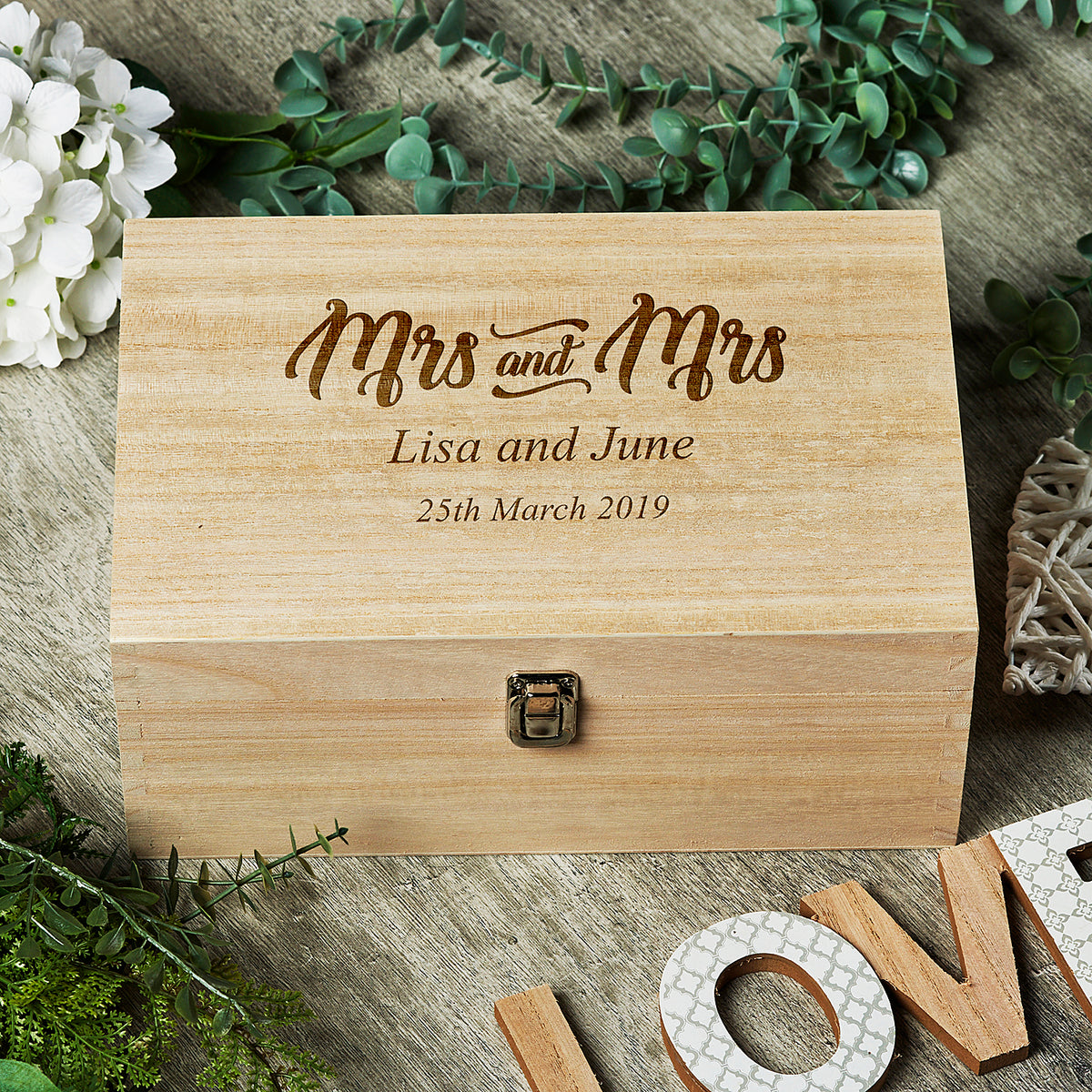 Personalised Mrs & Mrs Wedding Gift Same Sex Wooden Memories Keepsake Box