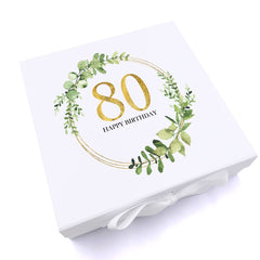 Personalised 80th Birthday Gift for her Keepsake Memory Box Gold Wreath Design