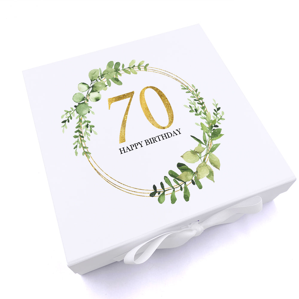 Personalised 70th Birthday Gift for her Keepsake Memory Box Gold Wreath Design
