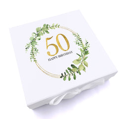 Personalised 50th Birthday Gift for her Keepsake Memory Box Gold Wreath Design