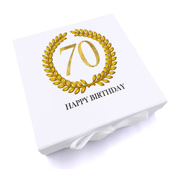 Personalised 70th Birthday Gift for him Keepsake Memory Box Gold Wreath Design