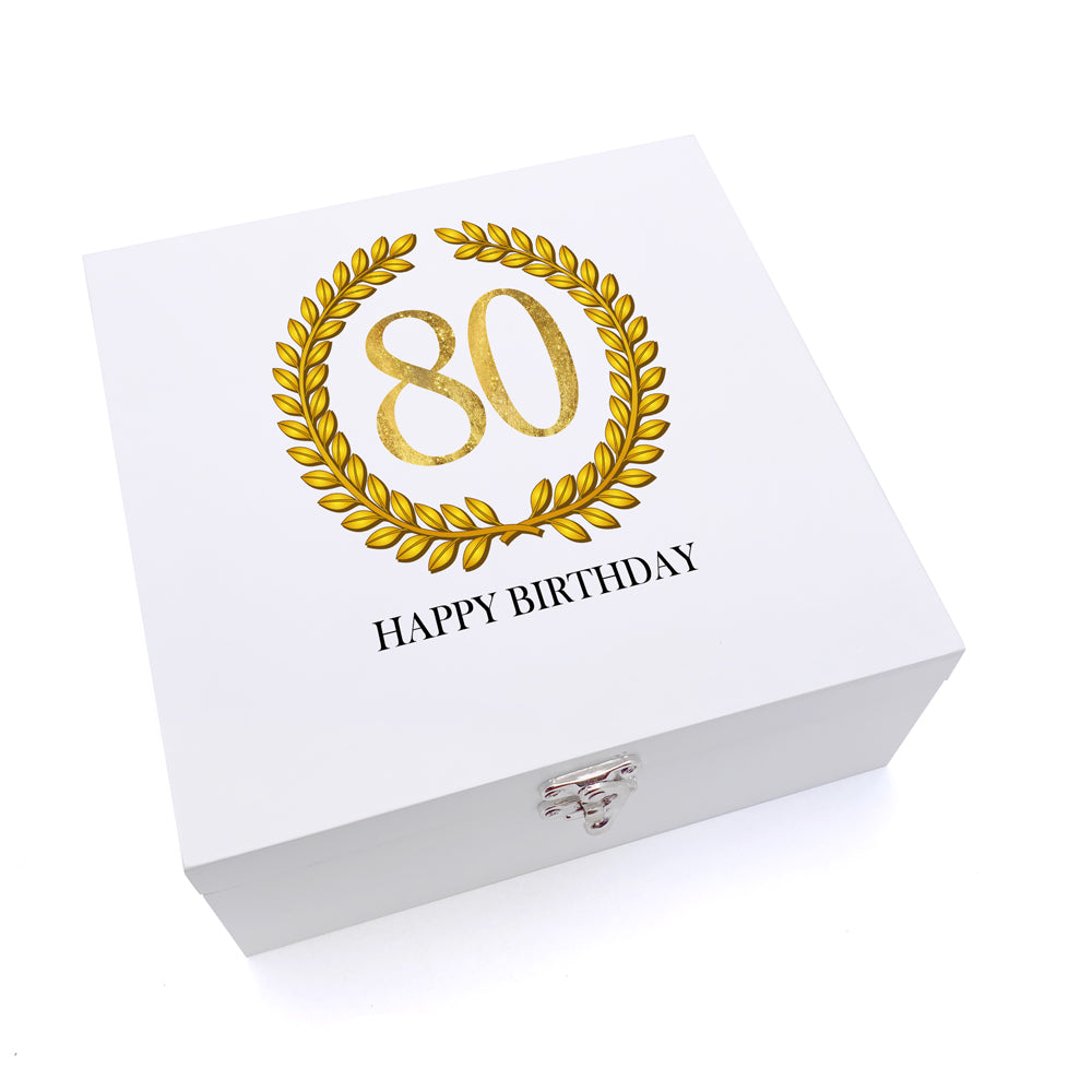 ukgiftstoreonline Personalised 80th Birthday Gift for Him Keepsake Wooden Box Gold Wreath Design