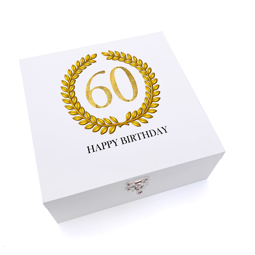 ukgiftstoreonline Personalised 60th Birthday Gift for Him Keepsake Wooden Box Gold Wreath Design