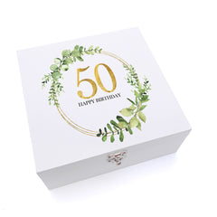 ukgiftstoreonline Personalised 50th Birthday Gift for her Keepsake Wooden Box Gold Wreath