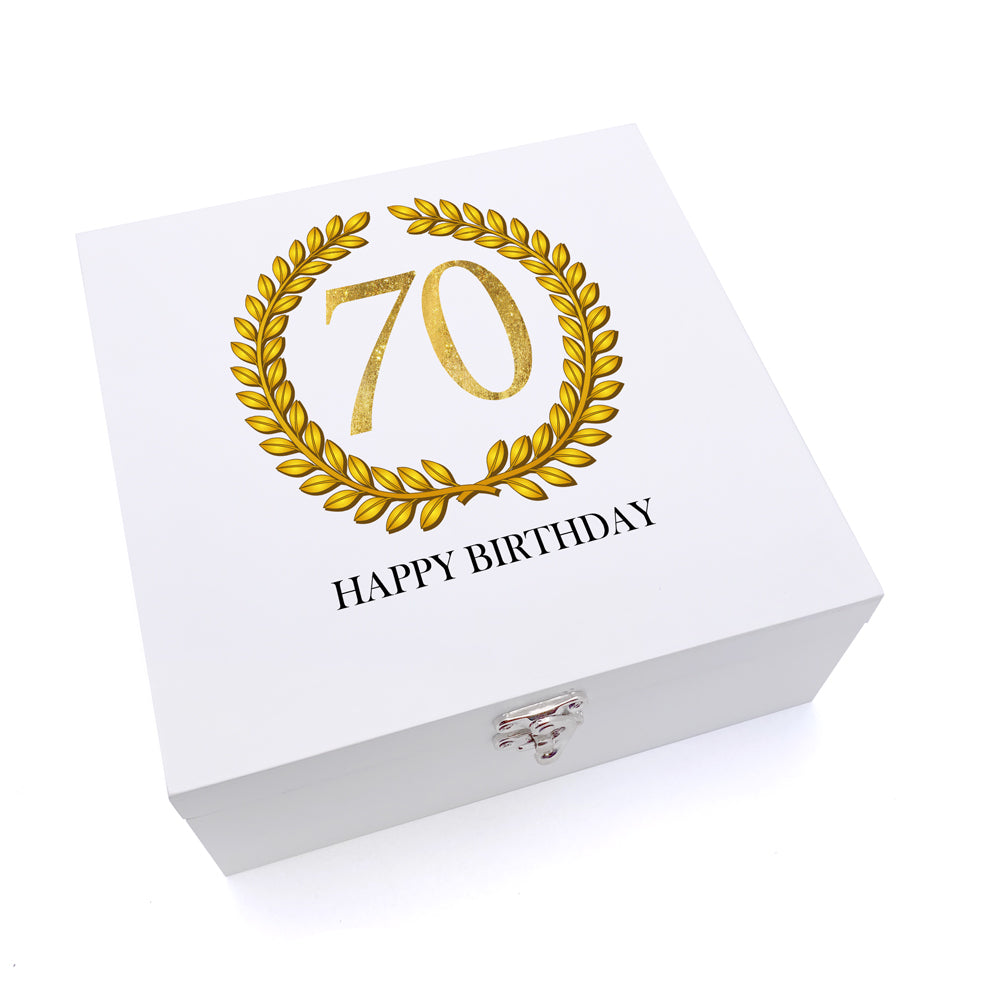 ukgiftstoreonline Personalised 70th Birthday Gift for Him Keepsake Wooden Box Gold Wreath Design