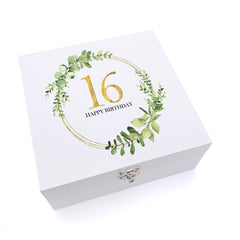 ukgiftstoreonline Personalised 16th Birthday Gift for her Keepsake Wooden Box Gold Wreath Design