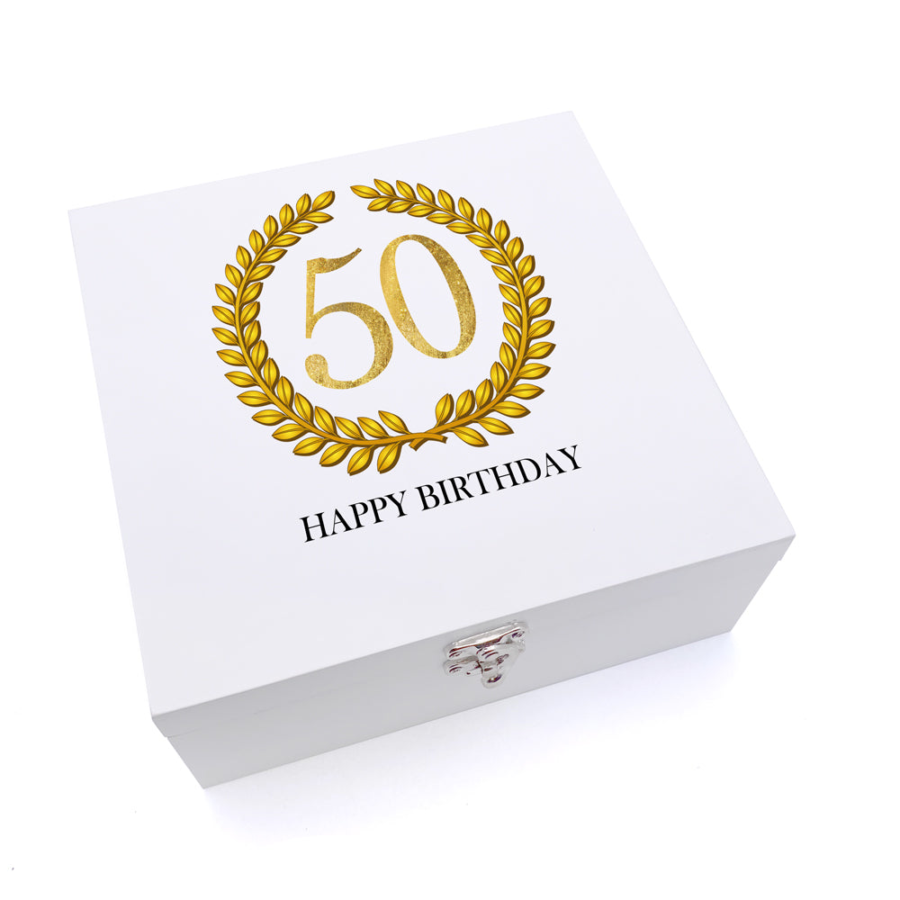 ukgiftstoreonline Personalised 50th Birthday Gift for Him Keepsake Wooden Box Gold Wreath Design