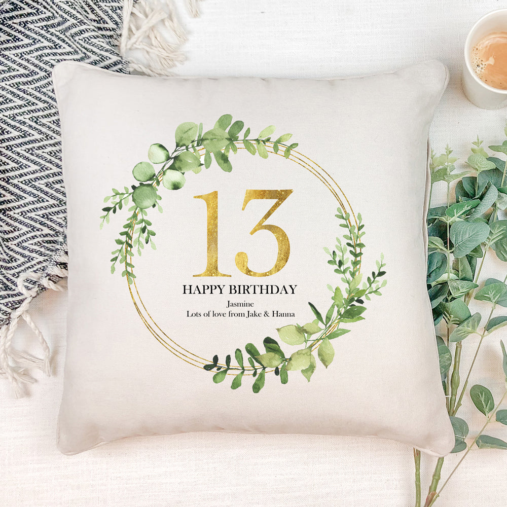 Personalised 13th Birthday Gift for her Cushion Gold Wreath Design